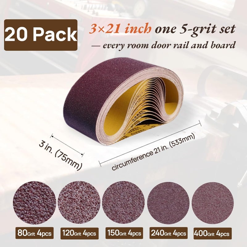 KTHUA 3x21 Belt Sander Sanding Belts: 20-Pack 80–400 Grit — Anti-Clog Coating & Durable Abrasives — for Fast Reliable Material Removal on Wood & Metal Projects — Fits 3×21 Handheld Belt Sanders - Image 2